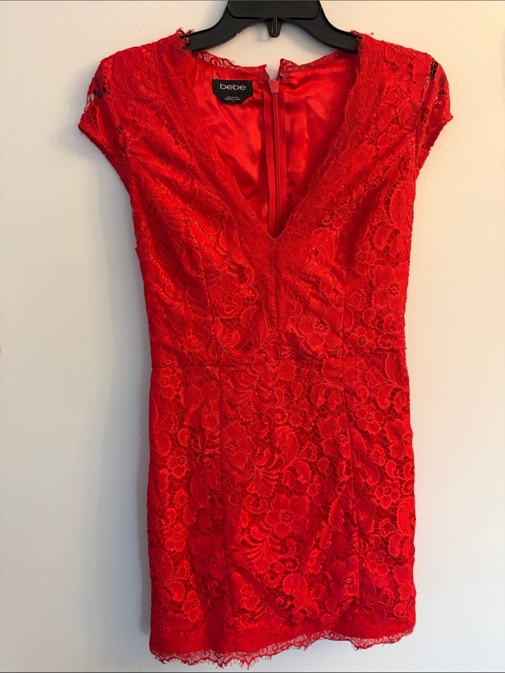 bebe Red Lace V-Neck Cap Sleeve Mini Dress